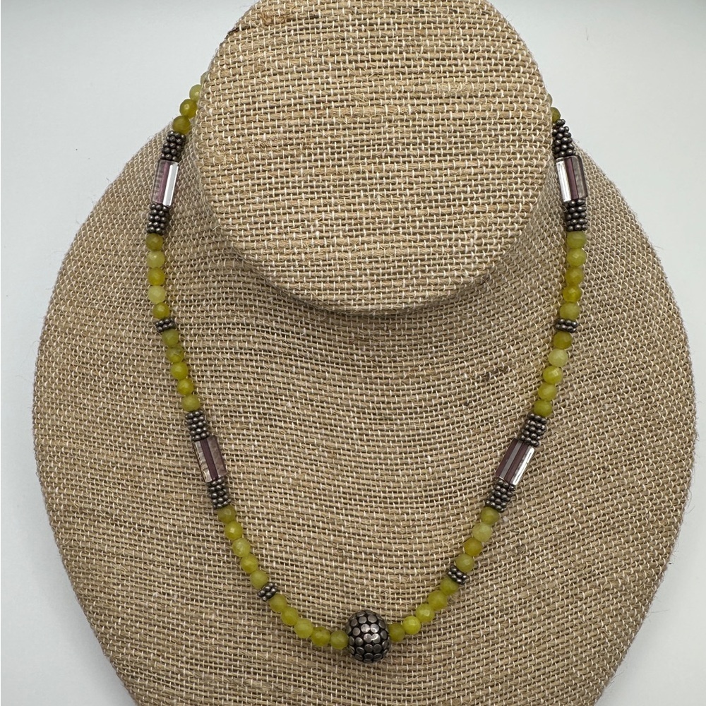 Chartreuse Yellow And Silver Agate Ball Beaded Necklace Gemstone Artisan 16 Inch